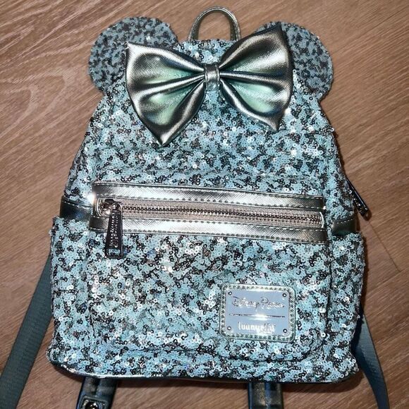 Loungefly Disney Parks Arendelle Aqua Frozen Minnie Ears Backpack Rare Retired - Picture 7 of 16